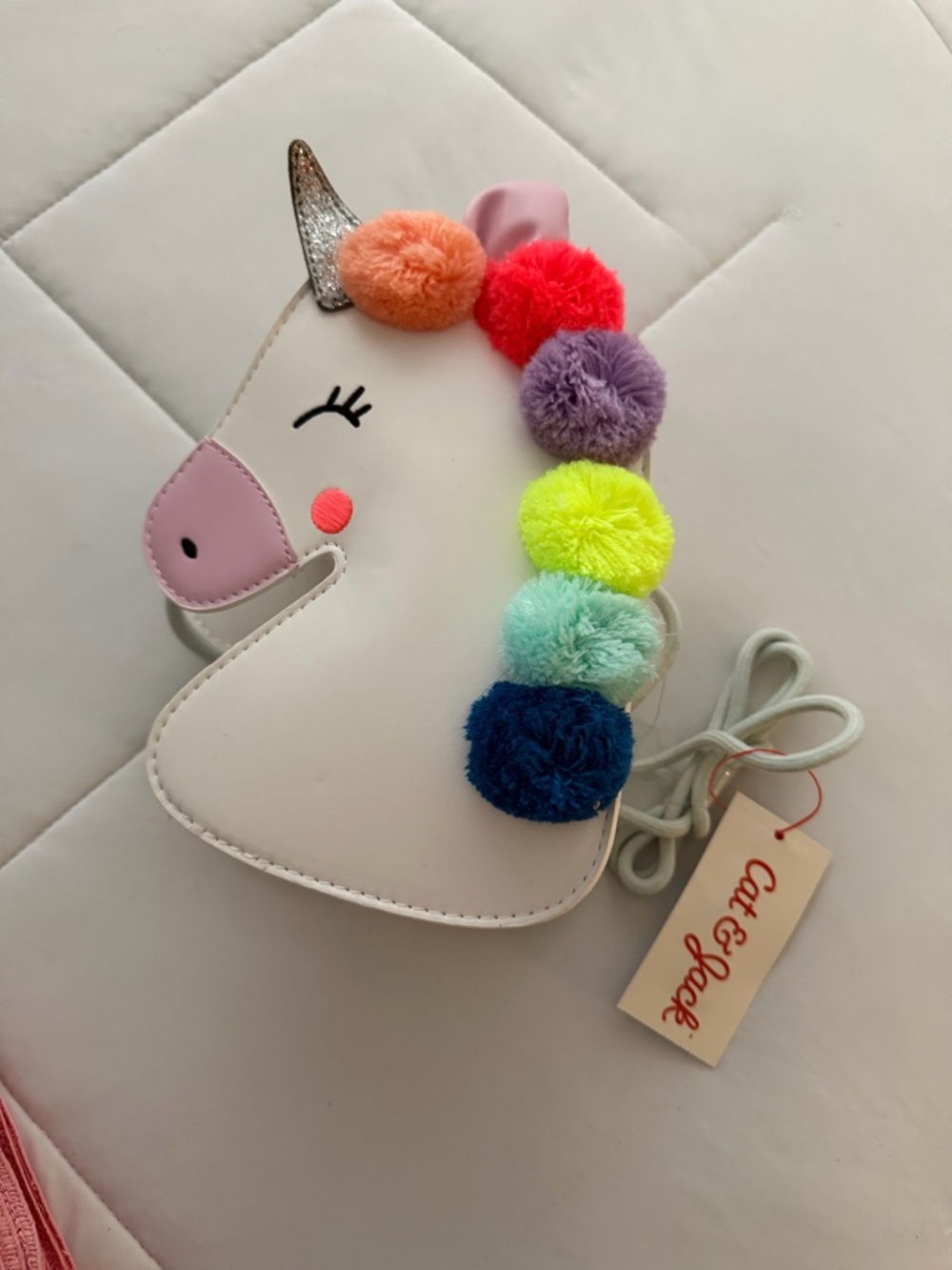 Cat & Jack White Unicorn Crossbody Bag with Rainbow Pom Poms